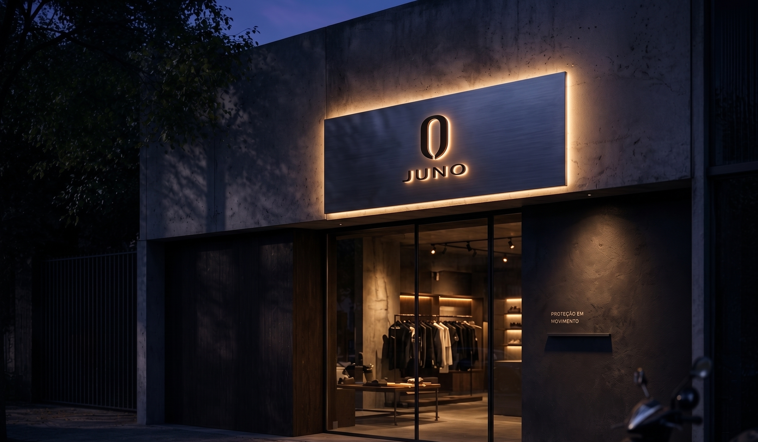 Fachada Juno: placa metálica em loja física no golden hour