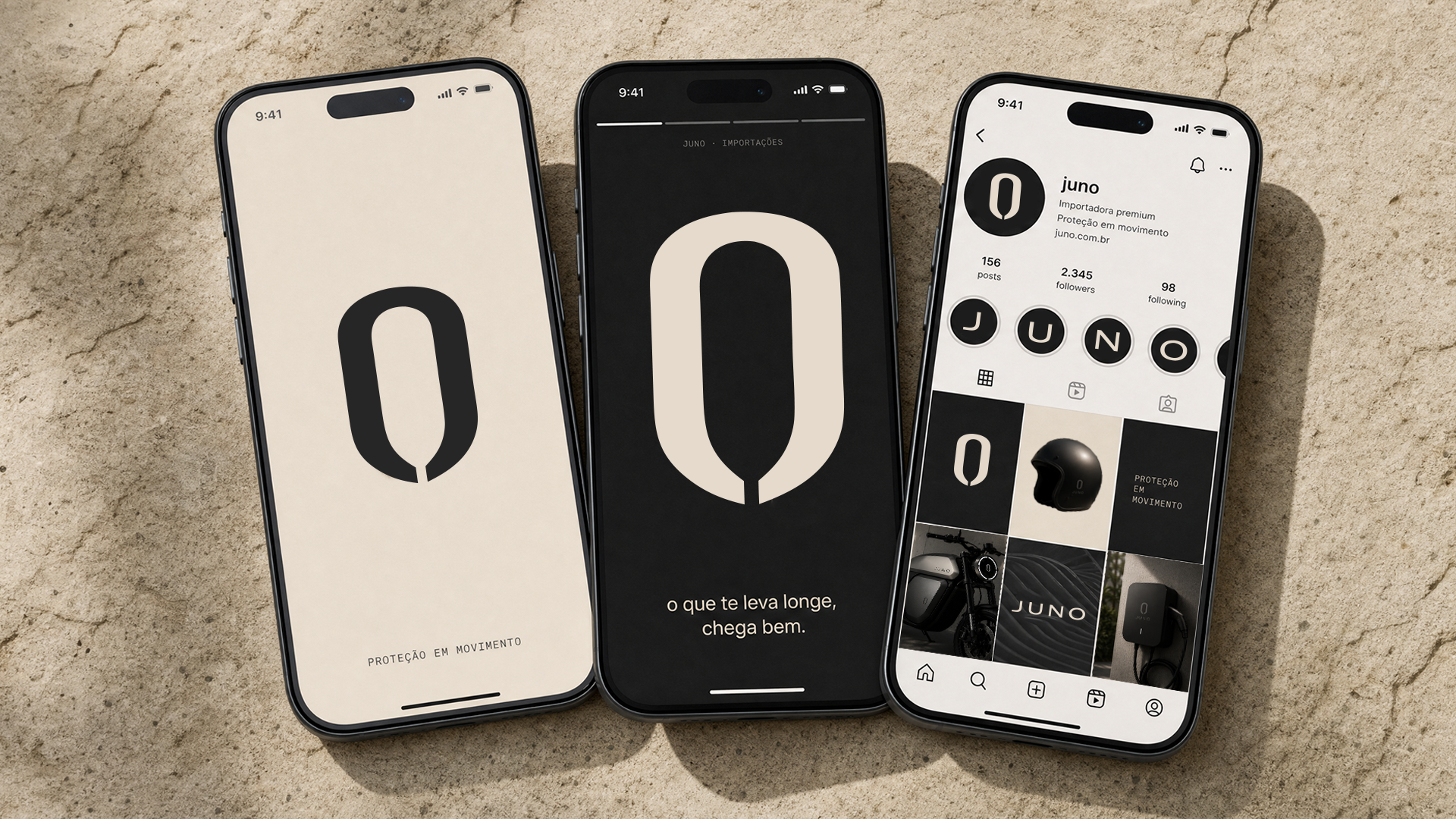 Redes sociais Juno: feed Instagram, story e perfil em 3 mockups de iPhone